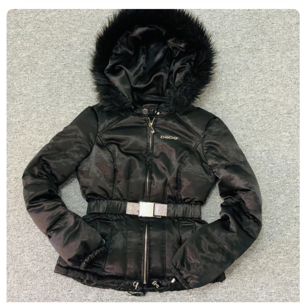 ❗️MAJOR ISO❗️BEBE rhinestone belted down puffer with fur hood!!!!